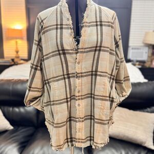 Free People We The Free Raw Hem Button Front Shacket Jacket XS Beige Brown